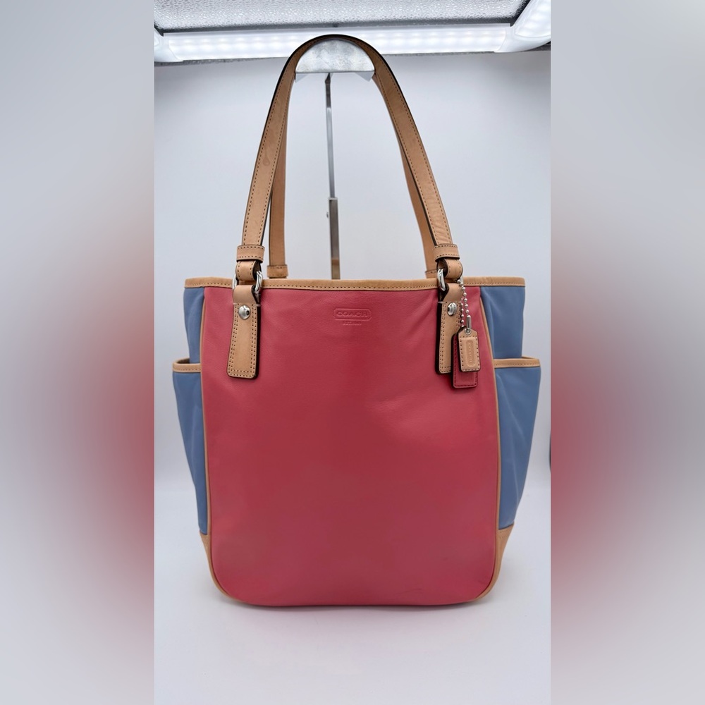 Coach Park Colorblock Leather Tote Bag F23683 Coral Blue Vachetta Silver